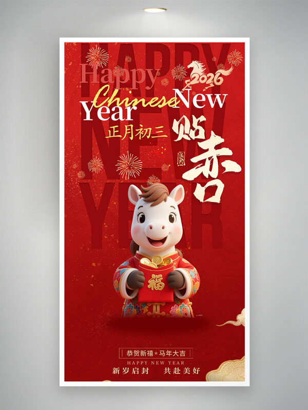 恭贺新禧马年大吉正月初三贴赤口年俗海报