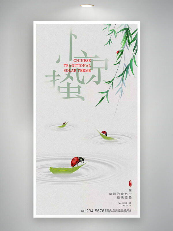灰色调文艺背景柳枝飘飘惊蛰节气海报