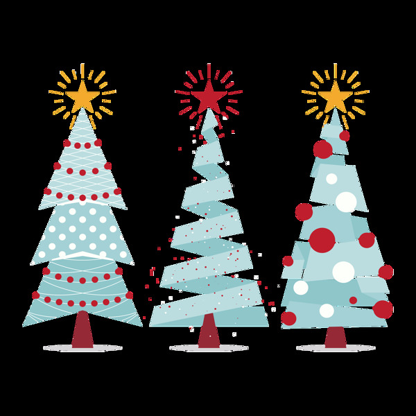 手绘不同造型的三棵圣诞树透明素材