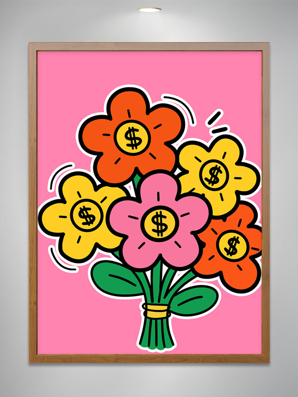 粉色背景卡通手绘创意钱币花束插画