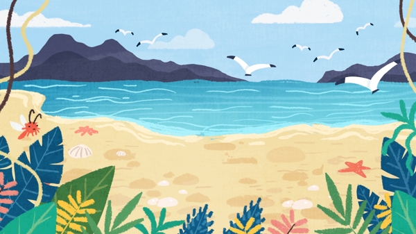 卡通海洋沙滩草地天空海岛背景