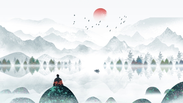 中国风水墨山水唯美山水复古水墨风景水彩画