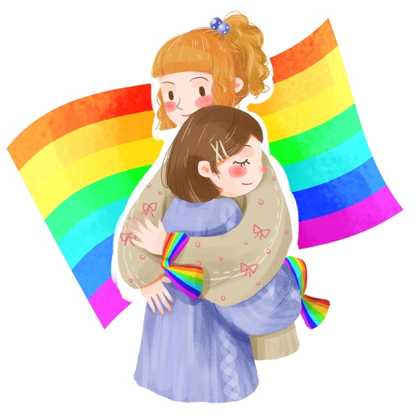 手绘卡通可爱女孩不再恐同日同性恋彩虹旗
