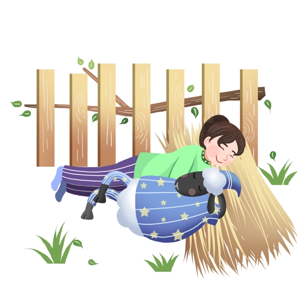 在草上睡觉的小女孩和小羊插画