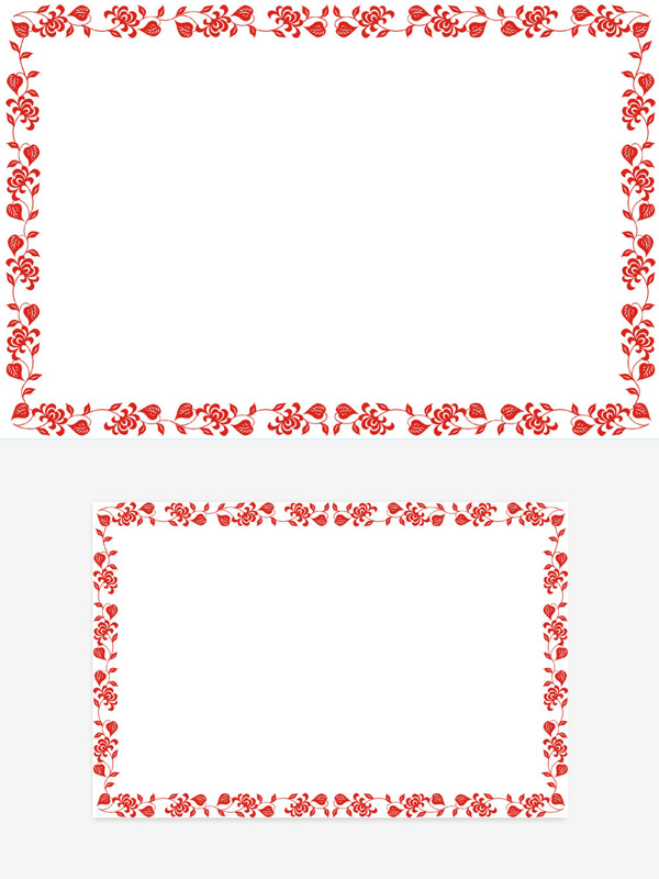 中国风红色剪纸风花朵叶子边框