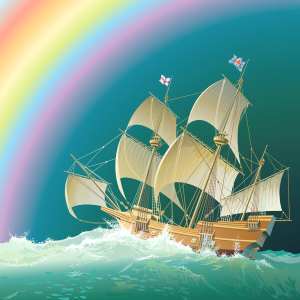 高清装饰画暴风雨后的彩虹帆船大海