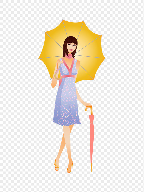 拿着伞打伞的美女时尚淡蓝色长裙素材