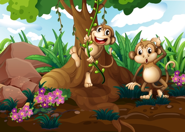 森林里可爱的猴子插画