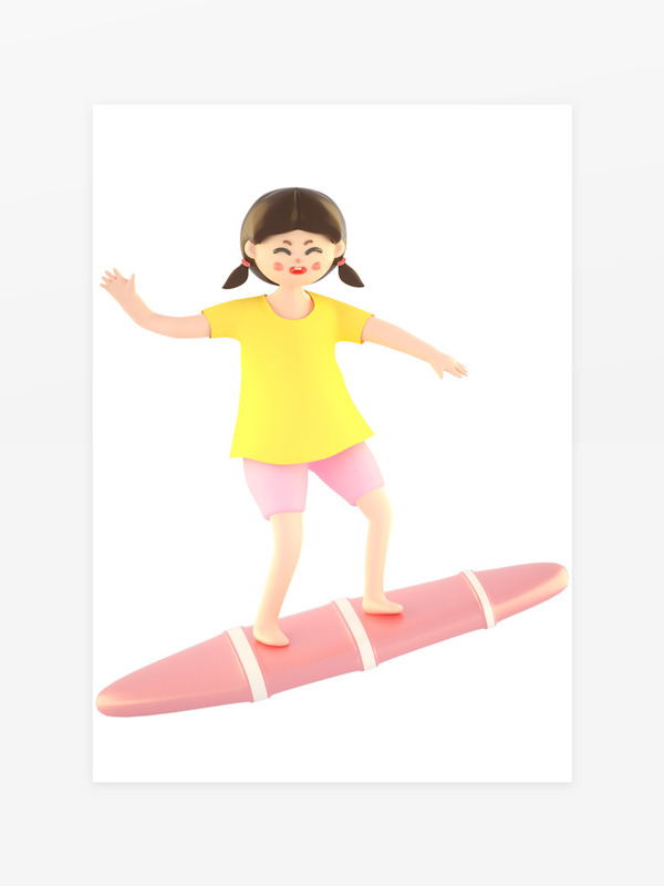 3d立体卡通玩冲浪板的女孩人物元素