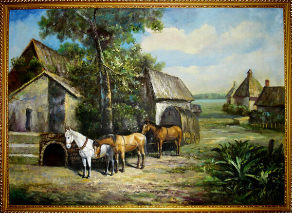 房屋马匹油画图片