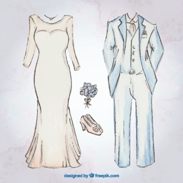 草图的鸟的礼服和婚纱套装配件