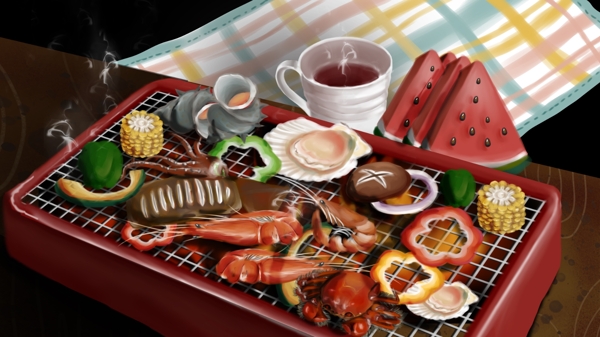 美食美味野餐宵夜肉食烧烤串串水果虾蟹扇贝