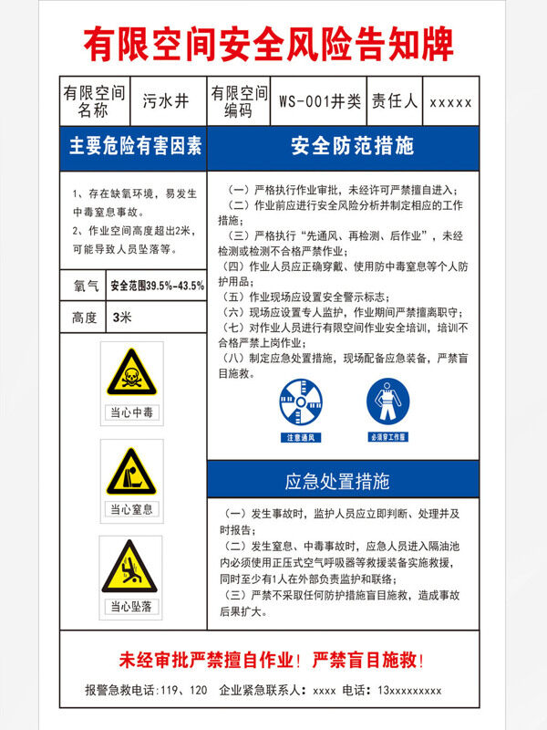 有限空间作业安全污水井污水池告知牌