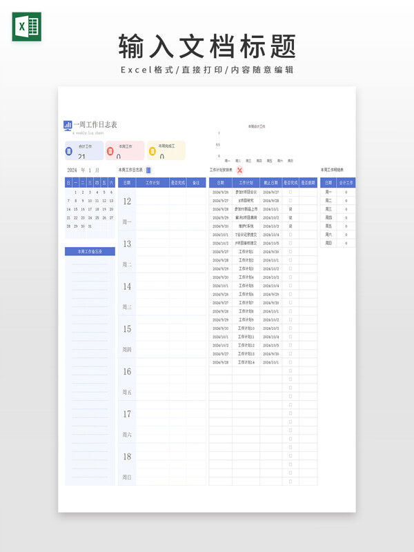 2024年1月一周工作日志表