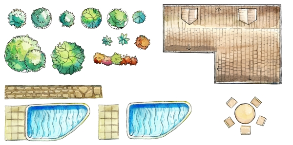 手绘园林元素装饰图案