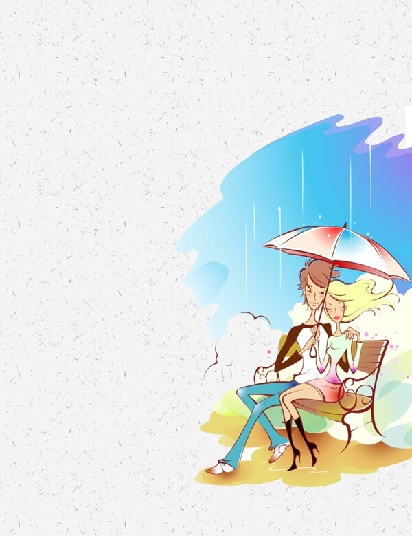 卡通情侣打伞雨天背景